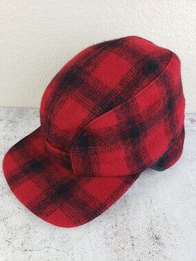 Vintage Woolrich Plaid Wool Hat Hunting Cap Buffalo Check Red Black Outdoor